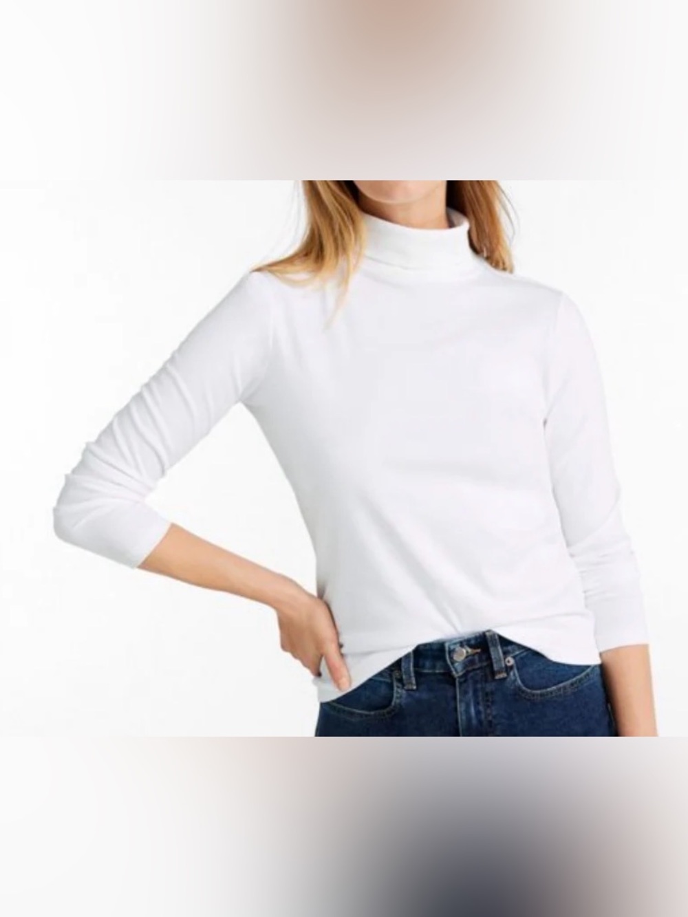 LL Bean Women Sz M-PET White Turtleneck Shirt Long Sleeves 100% Pima Cotton
